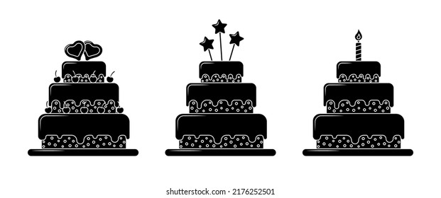 Vector glyph Birthday Cake set. Three black shapes of big desserts on white background