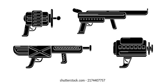 Kollektion von Vektorglyph-Blasters. Spielzeugpistole mit Gummistempeln. Futuristische Waffentechnik