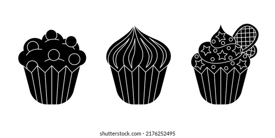 Vector glyph cupcake set. Three isolated black shapes of sweet dessert on white