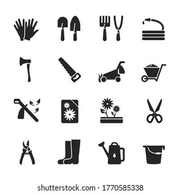 Vector glyph icon set of gardening tools isolated. Black symbols of equipment for agriculture and organic food cultivation. Web minimalist elements included wheelbarrow, lawn mower, scissors, saw, axe