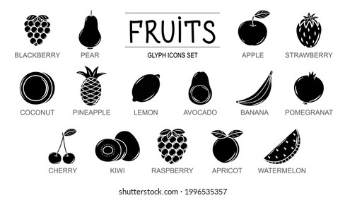 Vector glyph icons set of fruits and berries. Isolated black fruit silhouette on white background.