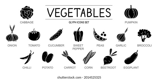 Vector glyph icons set of vegetables. Isolated black silhouette of food on white background.