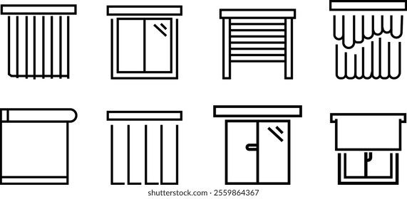 Vector glyph icons set of window blinds, Jalousie graphic symbols Premium Quality Design of architecture Elements, for Web Page, Mobile App, UI, UX Design, isolated on transparent background,