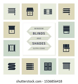 Vector glyph isolated icons set window blinds and shades. Window treatments and curtains glyph icons set. Interior design silhouette signs for house decor shop. Interior design, home decor shop.