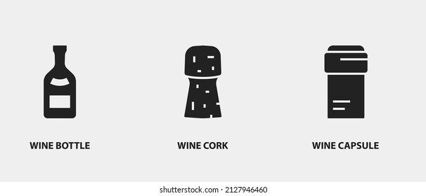 Vector glyph wine icons. Black silhouette of glass bottle, cork and capsule. Restaurant menu elements design