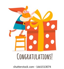 Vector gnome character with big gift box and congratulatins text.  Dwarfs or cute elfs celebrating holidays with gifts. 