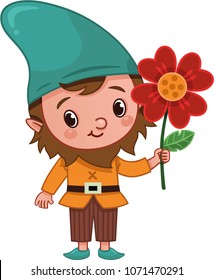 Vector Gnome Character is Holding a Flower