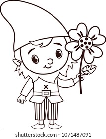 Vector Gnome Character is Holding a Flower (Black and White)