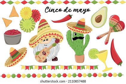 Vector gnome in hat for Cinco de mayo Mexican holiday decor. Cute gnome with guitar. Traditional Mexico design element