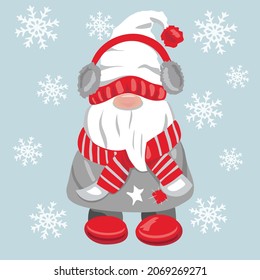Vector gnome for New Year or Christmas with snowflakes on a blue background. The Scandinavian gnome. Vector illustration.