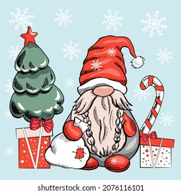 Vector gnome for New Year or Christmas with  gifts, a Christmas tree, a candy cane,  a bag of gifts and snowflakes on a blue background. The Scandinavian gnome. Vector illustration.