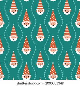 Vector gnomes seamless pattern. Merry Christmas print design in hand-drawn style. Decorative magic background.