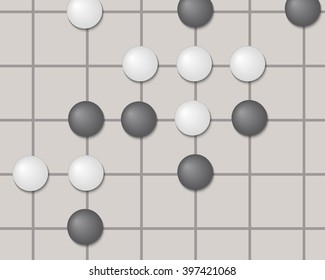 Vector go game fragment. Black and white figures on squares.