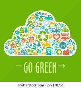 Vector Go Green ecological illustration with cloud shape contained of ecology icons