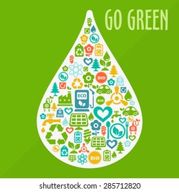 Vector Go Green ecological illustration with water drop shape contained of ecology icons