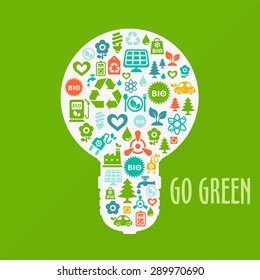 Vector Go Green ecological illustration with light bulb shape contained of ecology icons