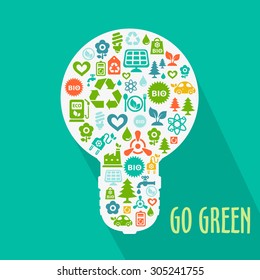 Vector Go Green ecological illustration with light bulb shape contained of ecology icons