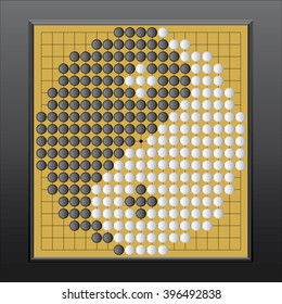 Vector go stones forming yin yang symbol on yellow go game board