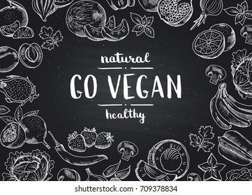 Vector go vegan blackboard background with doodle handdrawn fruits and vegetables