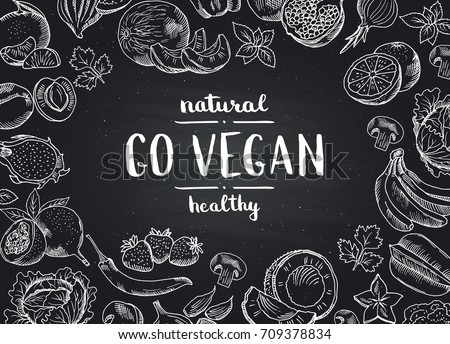 Vector go vegan blackboard background with doodle handdrawn fruits and vegetables