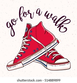 Vector Go for a walk illustration with a pair of vintage red sneakers