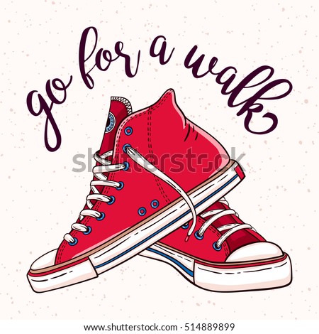 Vector Go for a walk illustration with a pair of vintage red sneakers