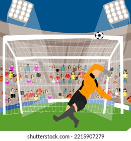 Vector of Goalkeeper jumping to catching the soccer ball during the Football game in a large Football stadium.