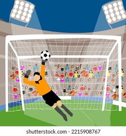 Vector of Goalkeeper jumping to catching the soccer ball during the Football game in a large Football stadium.