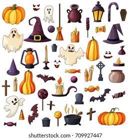 Vector goast, pumpkin, hat icons. Set of halloween elements. Spooky illustration