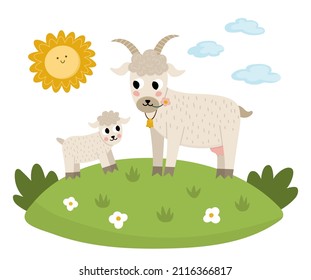 Vector goat with baby on a lawn under the sun. Cute cartoon family scene illustration for kids. Farm animals on natural background. Colorful flat mother and baby picture for children
