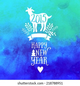 Vector goat emblem. Watercolor background. Symbol of the 2015 year, greeting card with goat. Vector watercolor backdrop. Greeting card 2015. Happy New Year 2015.