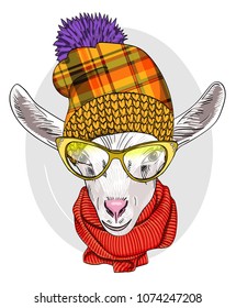 Vector goat with glasses, knitted hat and scarf. Hand drawn illustration of dressed goat.