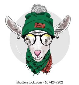 Vector goat with green knitted hat and scarf. Hand drawn illustration of dressed goat.