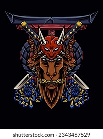 Vector goat head with oni mask, blue chrysanthemum, torii gate and samurai sword suitable for t shirt design