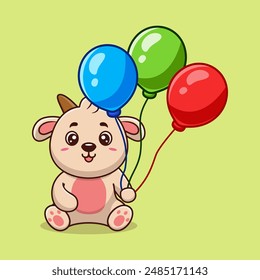 Vektorgrafik Ziege Halten Ballon Nette Cartoon Vektorgrafik Ikone Illustration. Tier Natur Ikone Konzept Kreative Kawaii Cartoon Maskottchen Logo