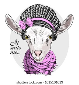 Vector goat with knitted hat and pink scarf. Hand drawn illustration of dressed goat. 