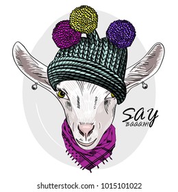 Vector goat with knitted hat with pompon and scarf. Hand drawn illustration of dressed goat. 