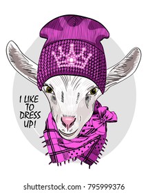 Vector goat with knitted hat and scarf. Hand drawn illustration of dressed goat. 