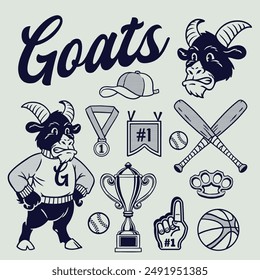 Vector of Goat Mascot Vintage Hand Drawn Object Set