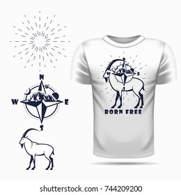 Vector goat silhouette view side for retro logos, emblems, badges, labels template vintage design element. Isolated on t-shirt blank