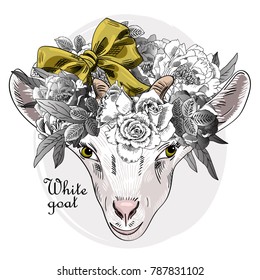 Vector goat with wreath and bow. Hand drawn illustration of goat and flowers.