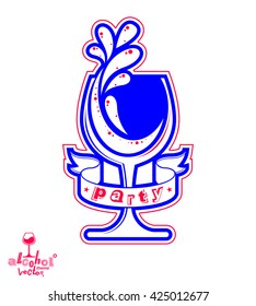 Vector goblet, alcohol drink theme illustration. Elegant wineglass with splashes, winery emblem, design element.