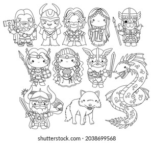 a vector of Gods and Monster from Norse mythology in black and white colour
