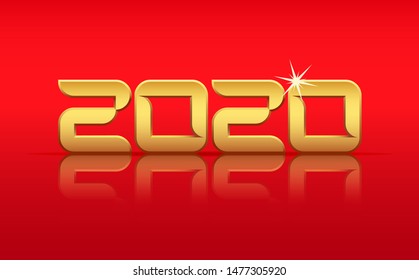 Vector Gold 2020 Year with Reflection on Red Background