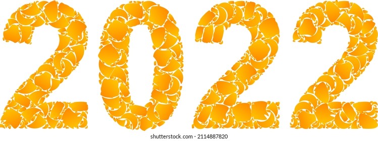 Vector gold 2022 year digits mosaic icon. 2022 year digits is isolated on a white background. Gold particles mosaic based on 2022 year digits icon.