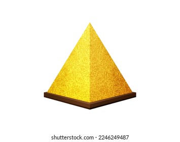 Vector gold 3d pyramid shape isolated on white background. Triangle golden award on transparent backdrop. Geometric yellow metal souvenir. Premium business success symbol. Money sign