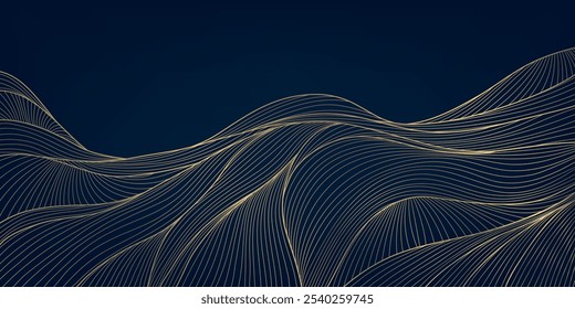 Fondo abstracto de la onda del oro del Vector, textura premium del brillo de la línea. Montañas, agua, ilustración de la nube, gráfico de curva