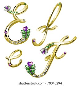 Vector gold alphabet with diamonds and gems letters E, F