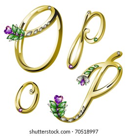 Vector gold alphabet with diamonds and gems letters O, P