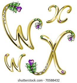 Alfabeto de oro de Vector con diamantes y letras de gemas W, X